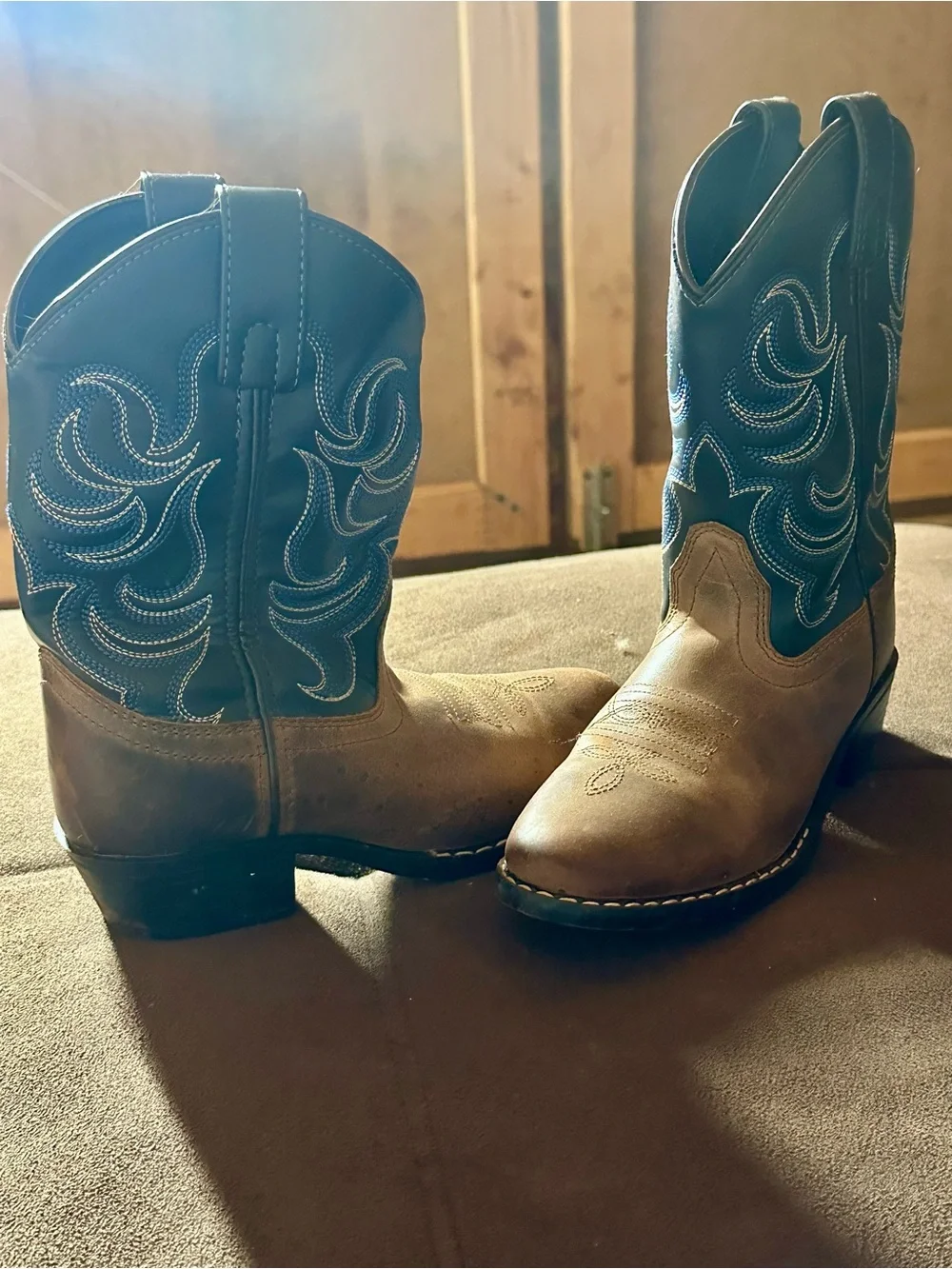 Kids Brown Western Cowboy Boots with Blue Shaft Accent